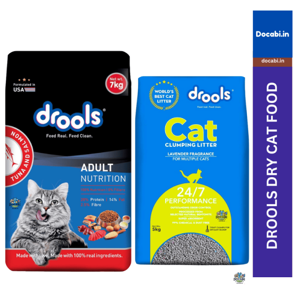 (1pc) 7Kg ,Drools Adult Dry Cat Food-(Tuna & Salmon) +(1pc)5Kg, Drools Bentonite Clumping Cat Litter- Lavender 1 68